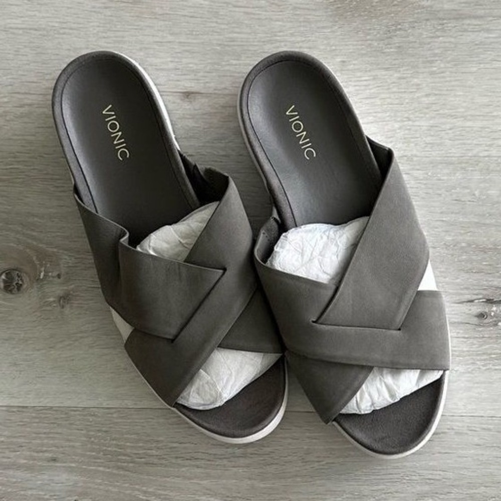 Vionic Gray Cross-Strap Slide Sandals